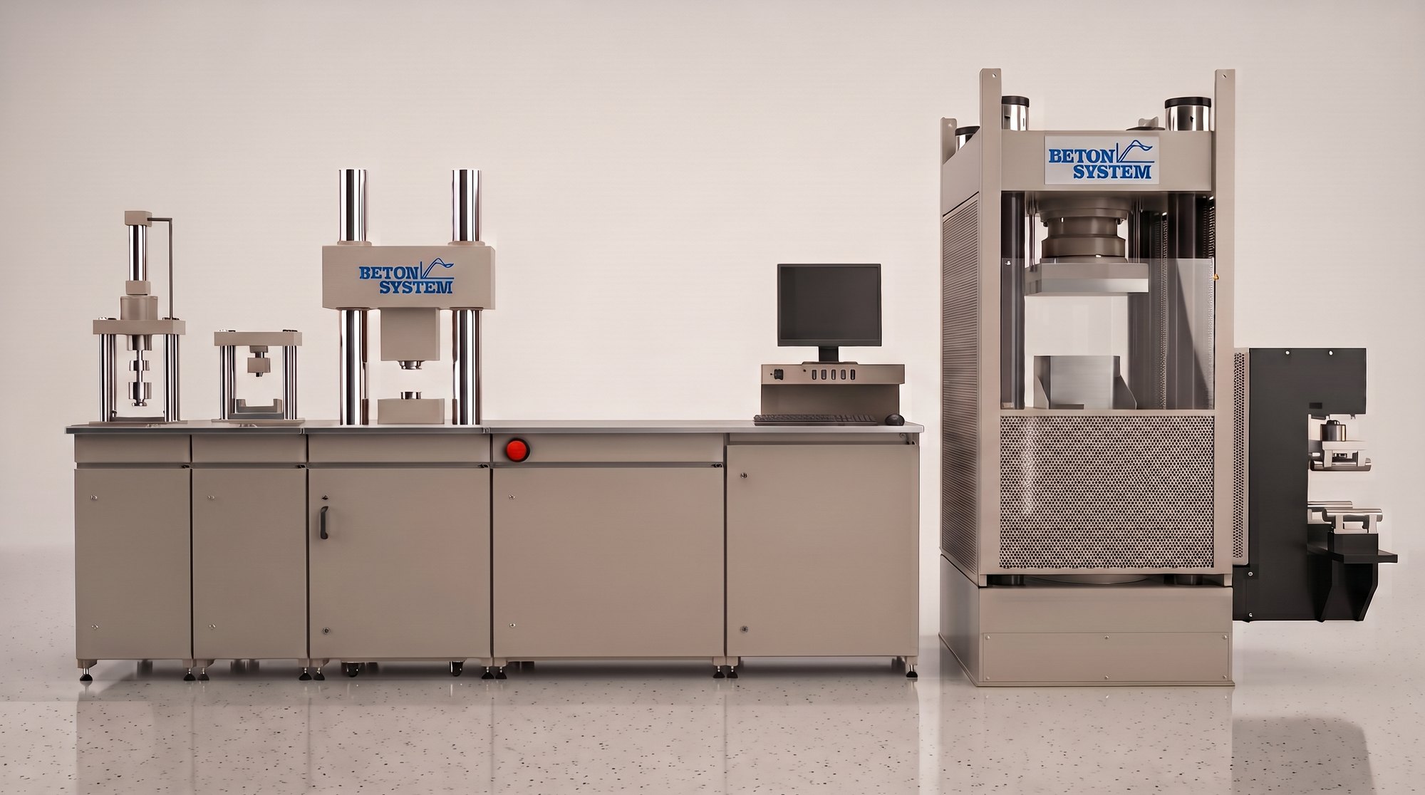 3D model kompletního zkušebního pracoviště BS DESTTEST 4310 — sestava s lisem na krychle